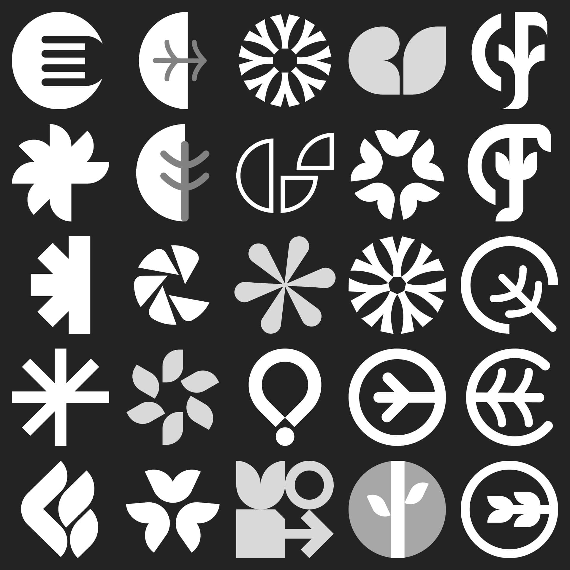 A large grid of logo iconography ideas