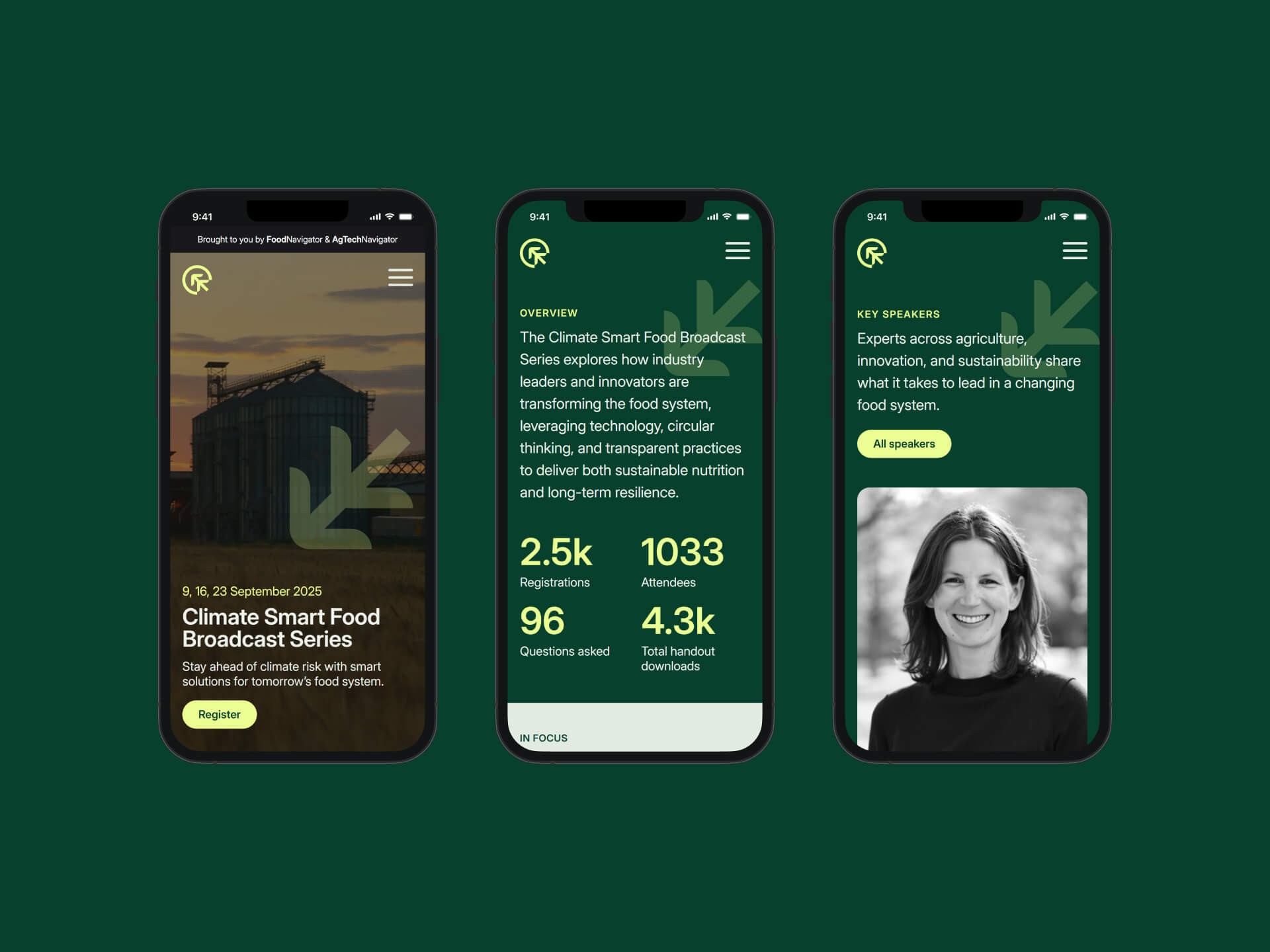 Three mobile phone screens of each section of the website homepage