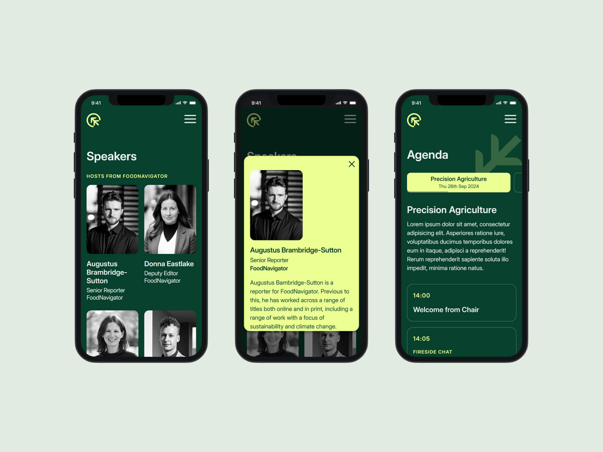 Three mobile phone screens of the speakers page, agenda page and the pop-up speaker modal