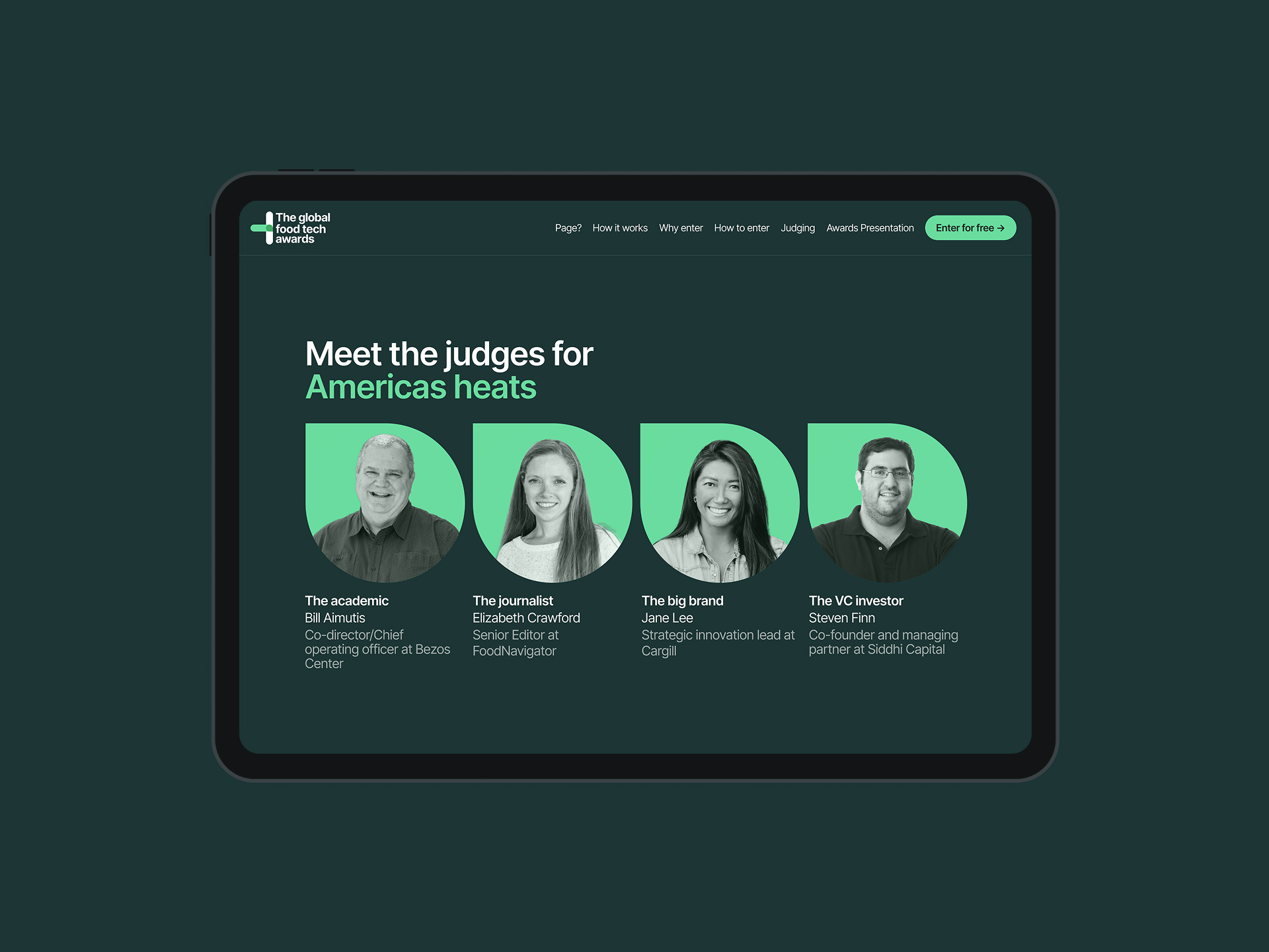 A laptop screen of the four judges from the Global Food Tech Awards website homepage