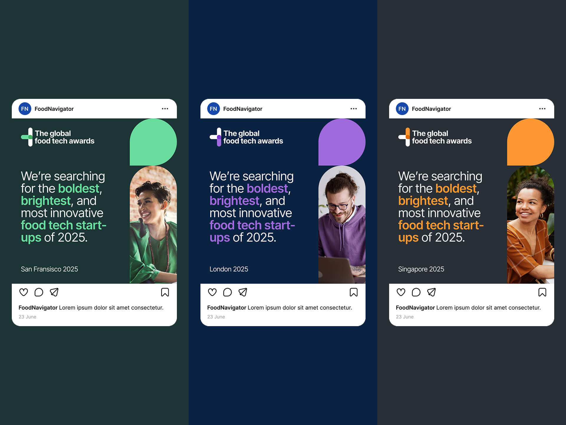 Three instagram posts in the three brand colourways