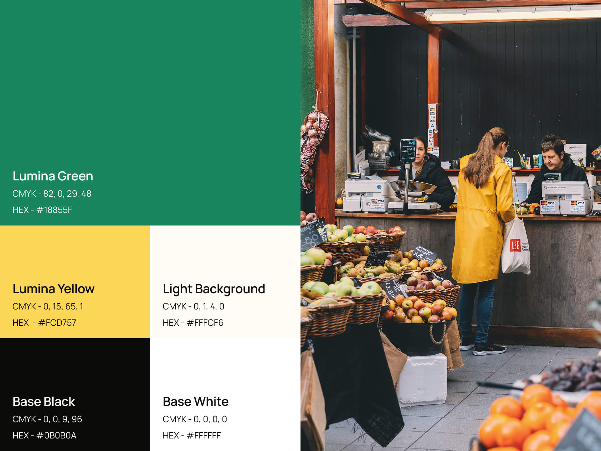 The Lumina Intelligence brand colours and an image of a woman purchasing vegetables at a food market