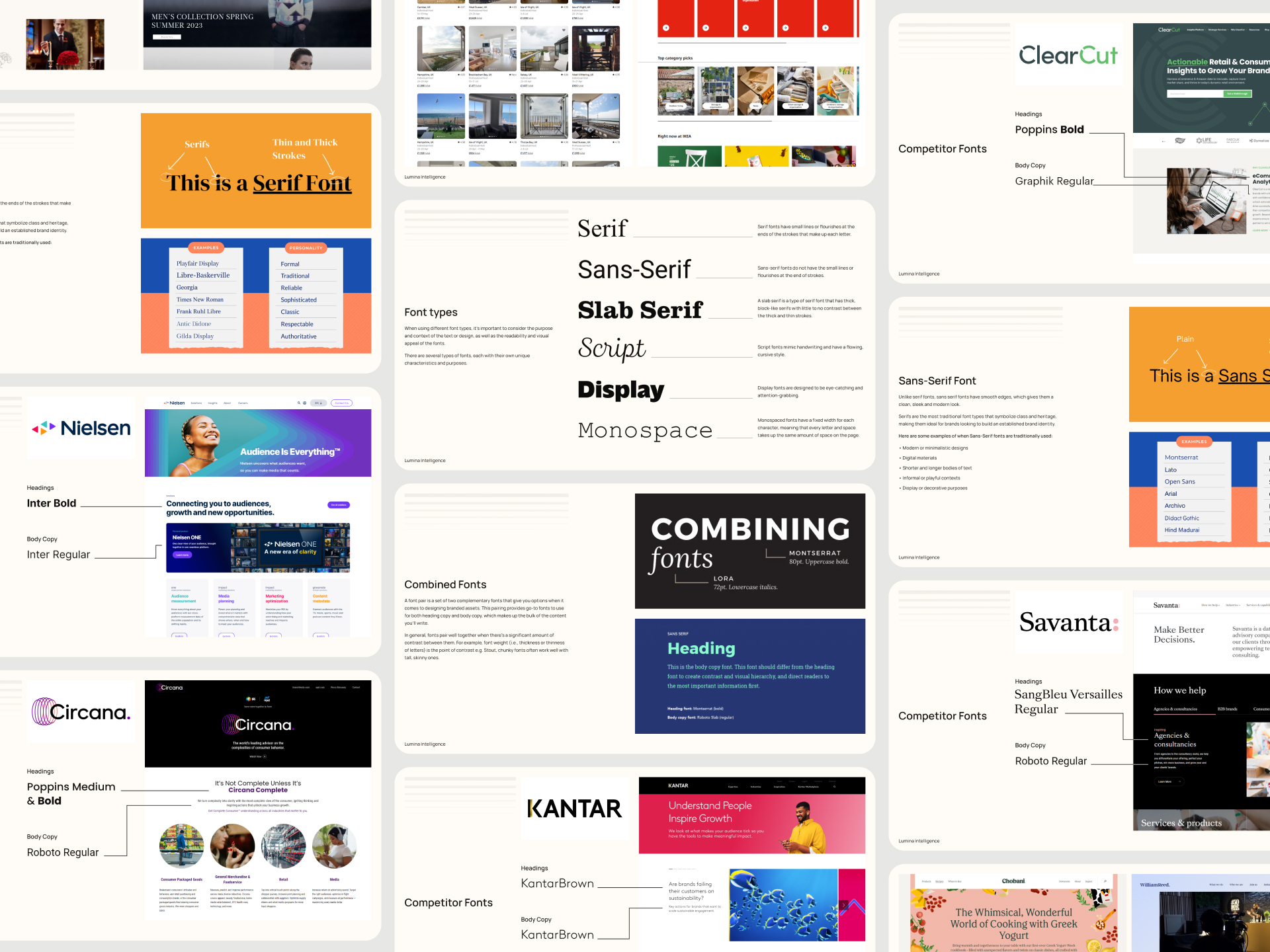 A grid of slides featuring font research