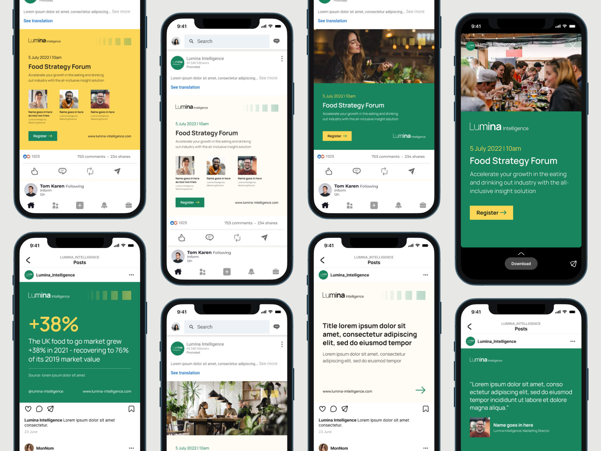 A grid of mobile screens featuring Lumina social banners for LinkedIn and Instagram