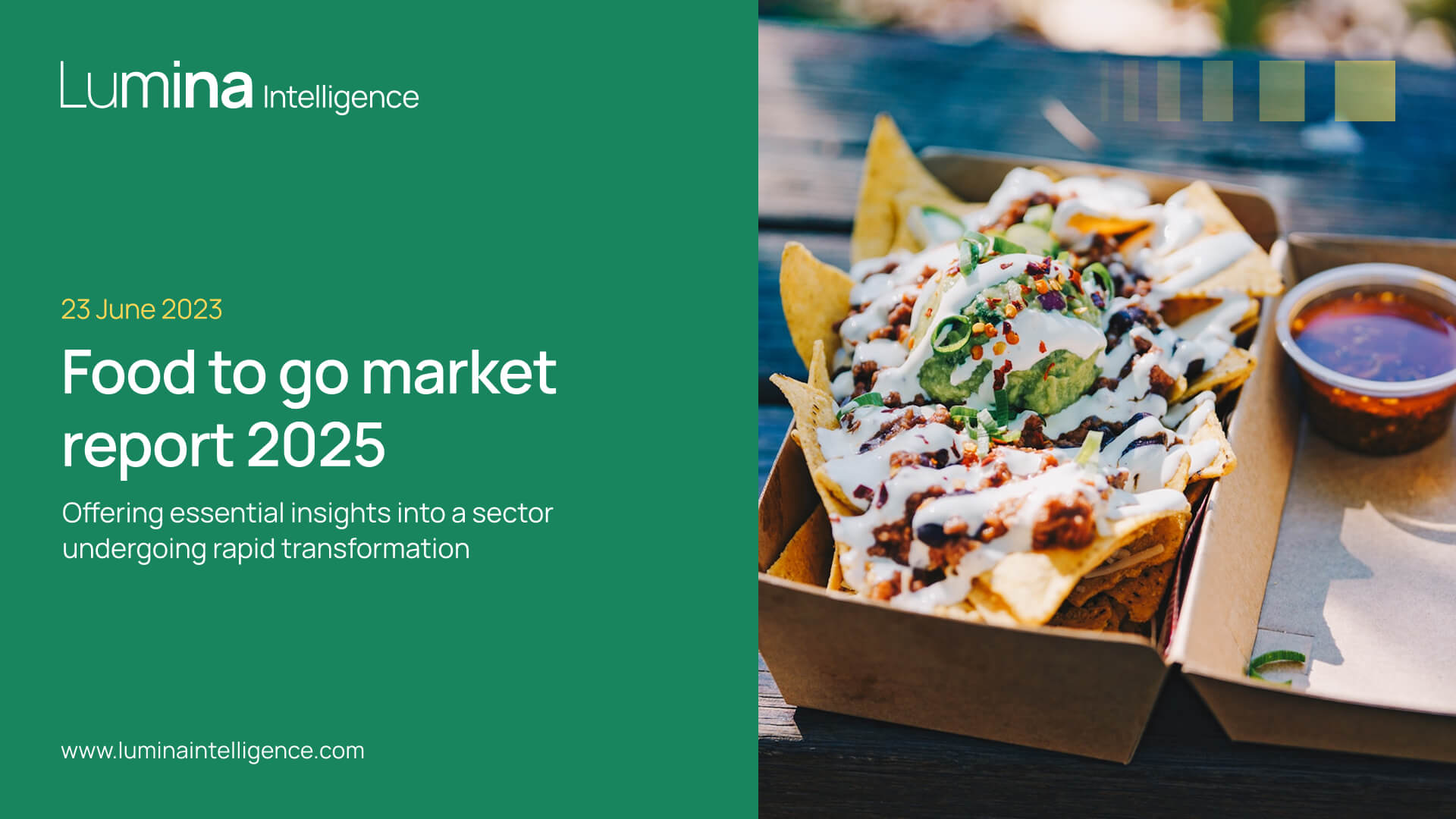 A 50/50 report slide that features an image on the right and the Lumina logo, title and date on the left, overlaid on a green background