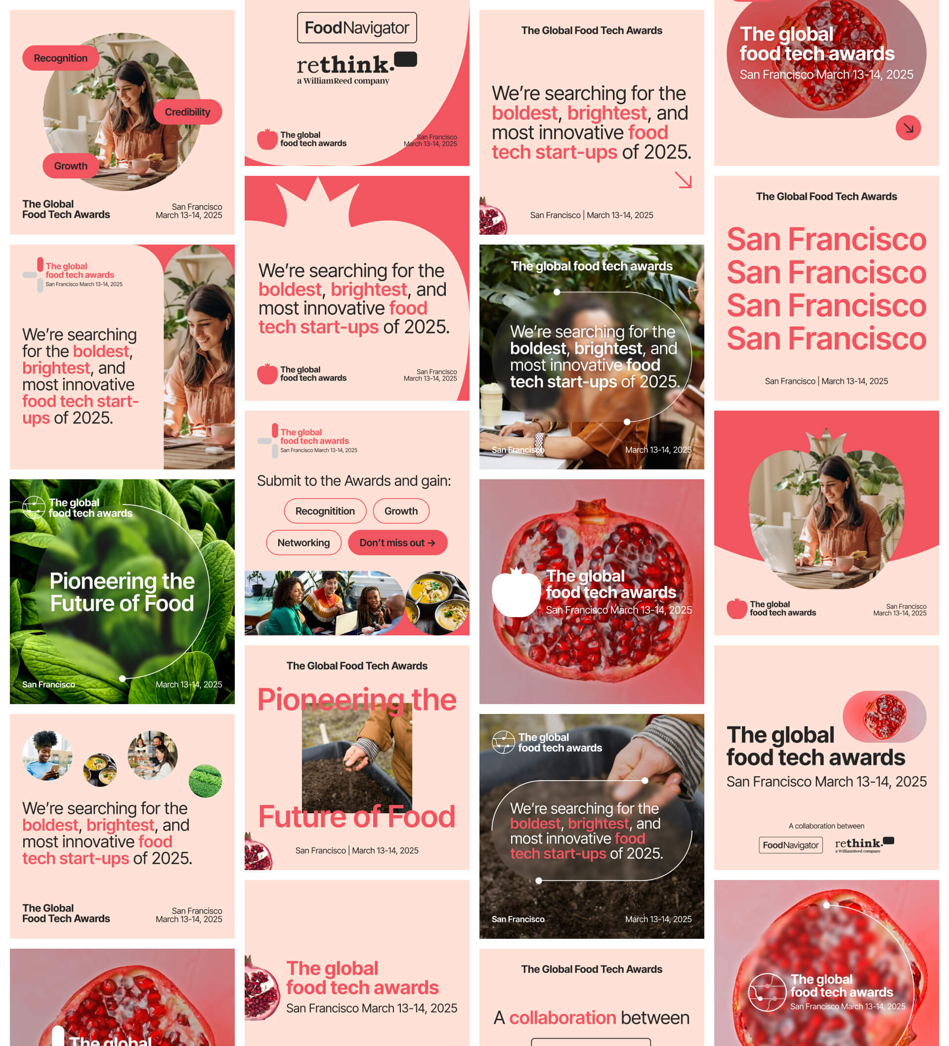 A grid of differently designed square social banners