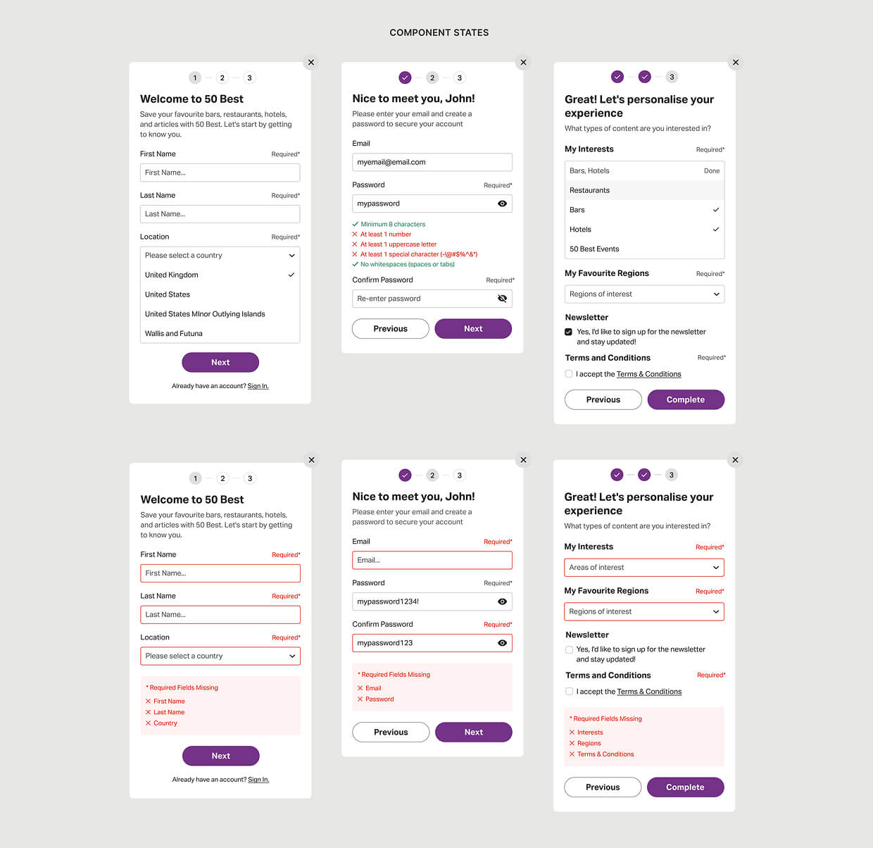 A grid of each UI and element state in the registration flow