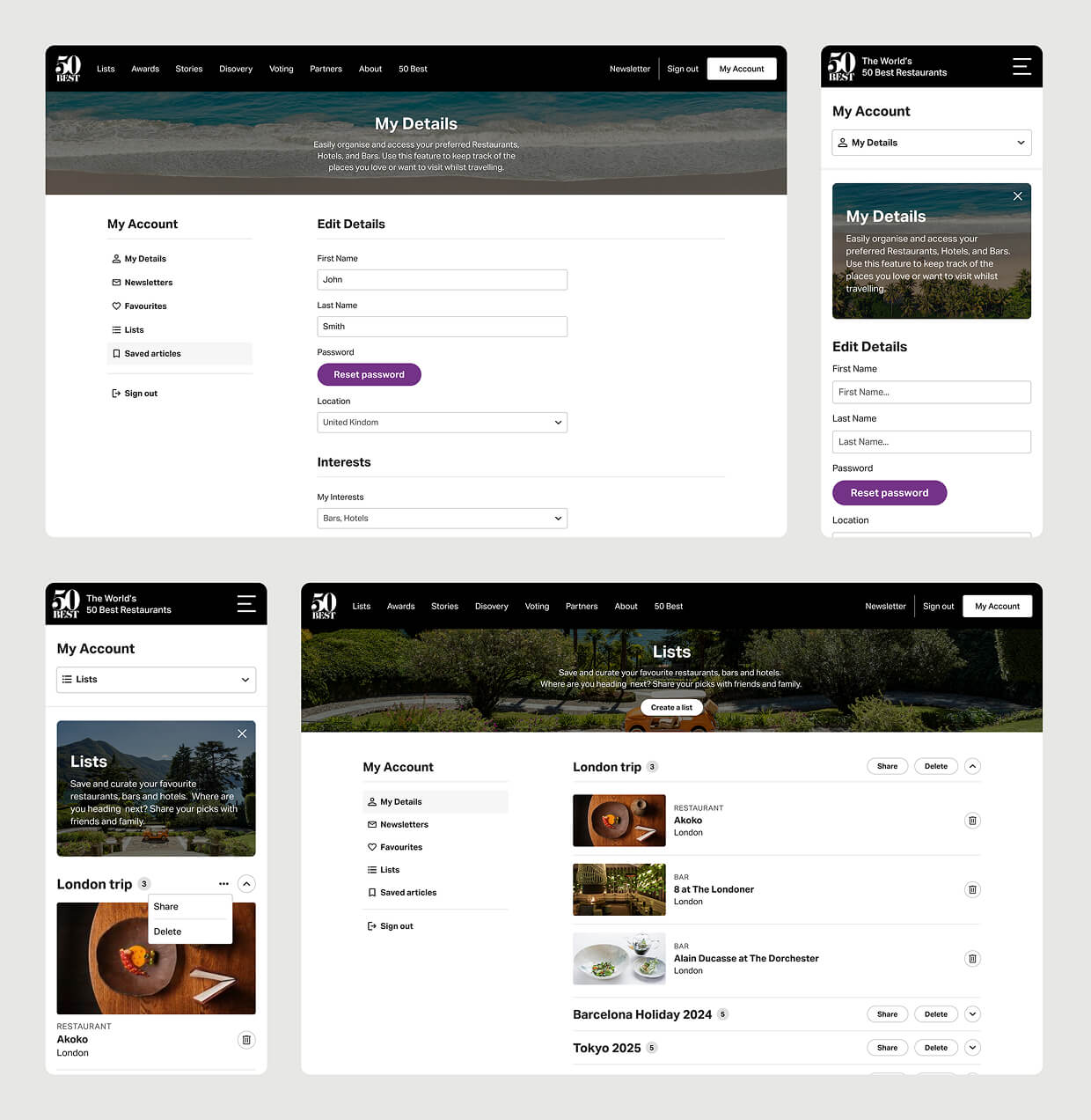 Desktop and mobile screens for The World's 50 Best Preference Centre dashboard