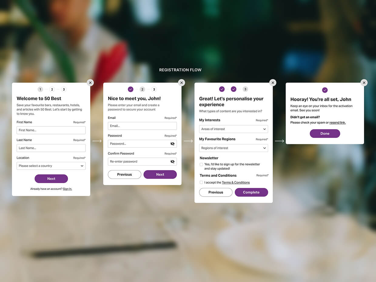 A visual of each registration step for The World's 50 Best Preference Centre