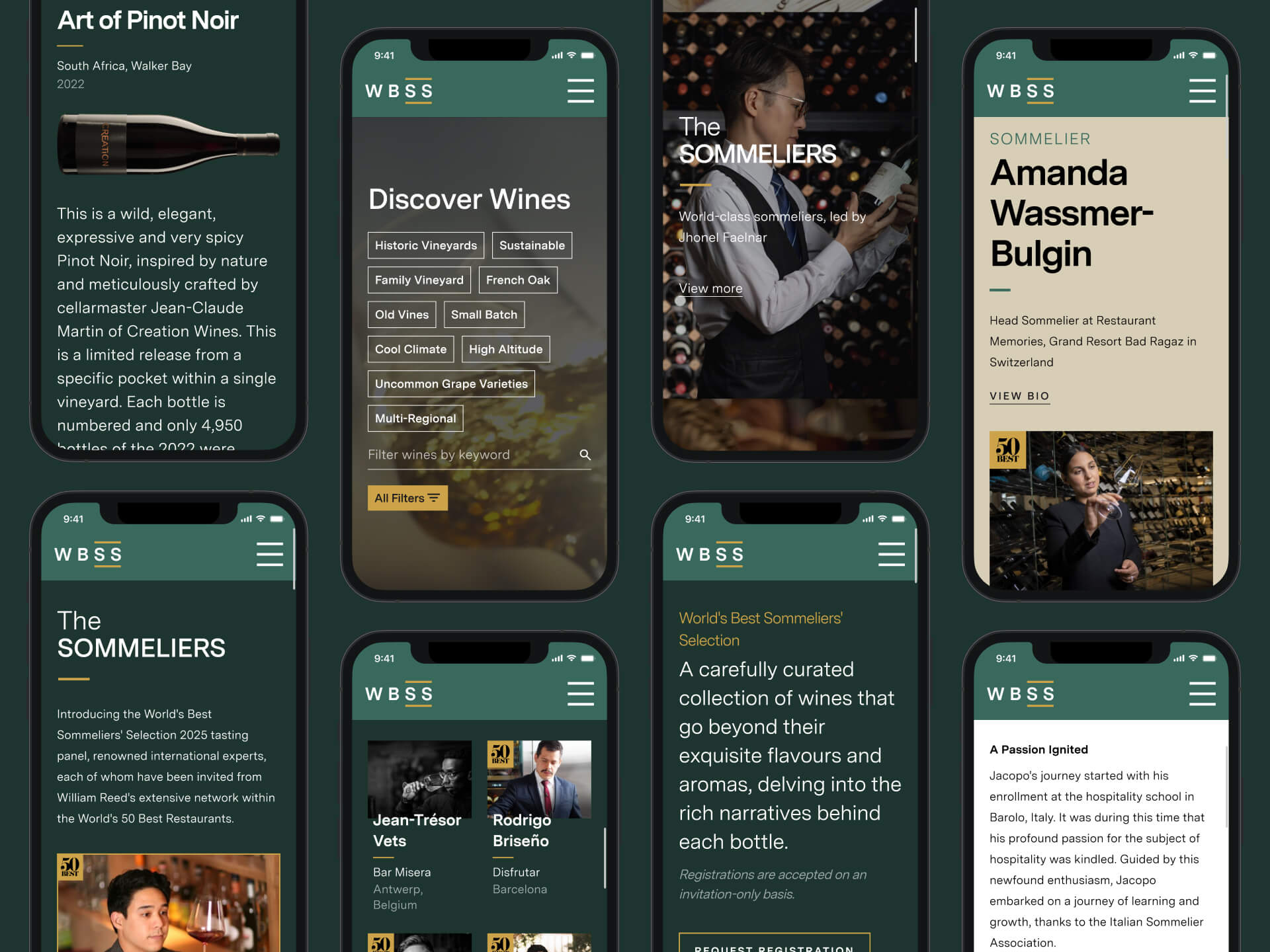 A grid of mobile screens featuring each page of the website