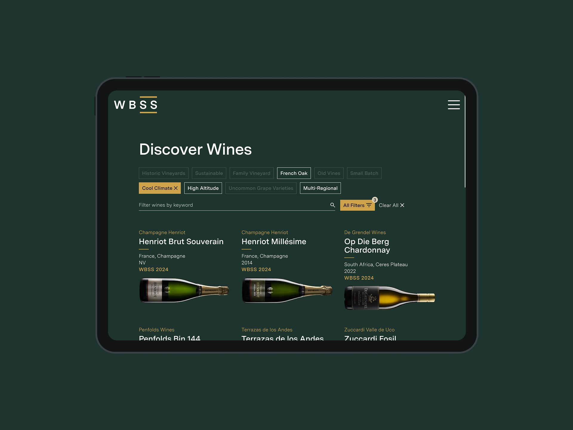 A laptop screen of active filters and displaying wine bottles underneath