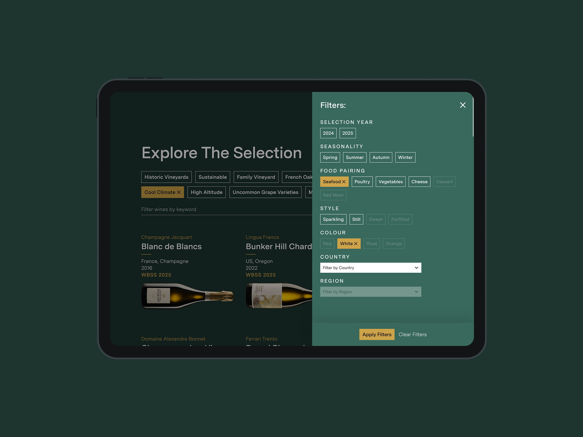 A laptop screen of the side menu filters for the wine search page