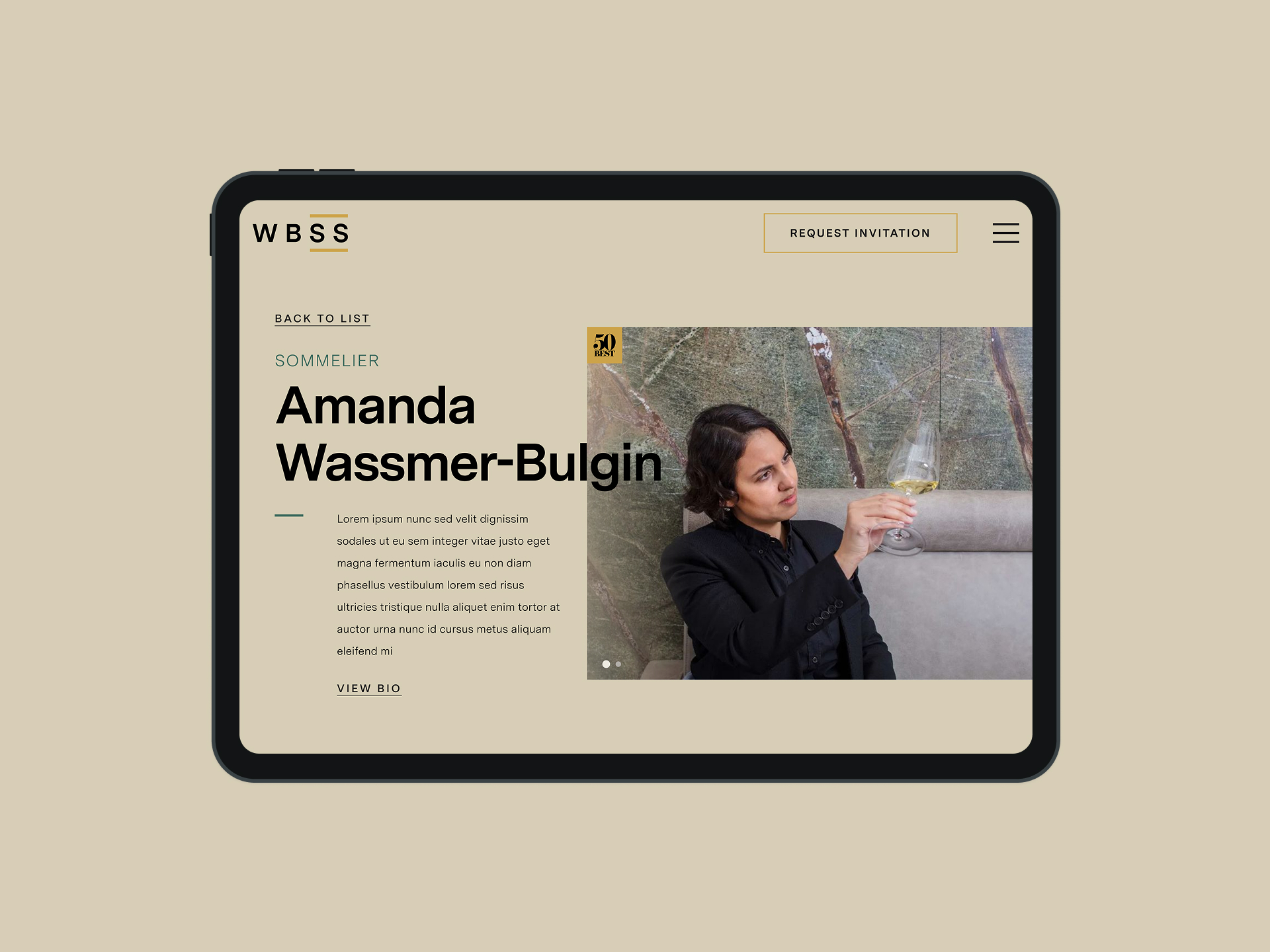 A laptop screen of the Sommelier profile header including Sommelier name, details and their headshot