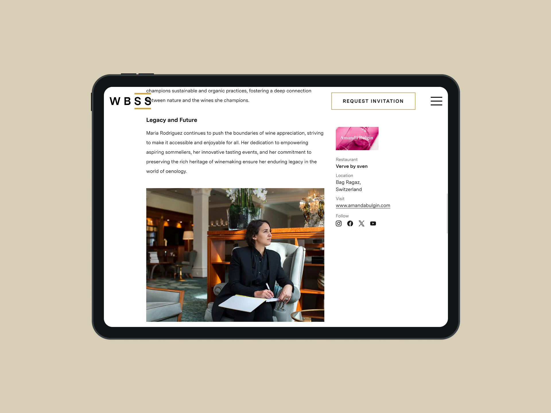 A laptop screen of the sommelier profile body content, with sommelier biography on the left and contact details on the right